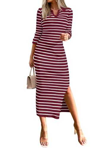 MIROL Women's Striped Bodycon Maxi Dress 2024 Long Sleeve V Neck Side Slit Sweater Dress Fall Knit Lapel Collar Long Dresses