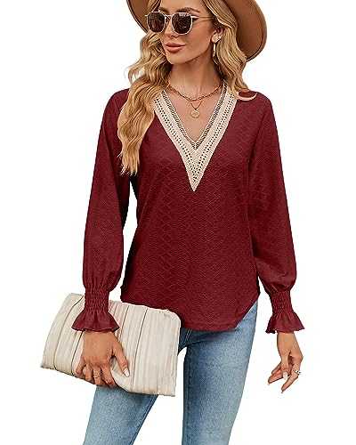 Women's Elegant Lace V Neck T Shirt Dressy Smocked Puff Long Sleeve Top for Casual Work Loose Tunic Blouse