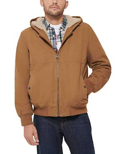 Levi's Men's Workwear Cotton Canvas Hooded Bomber Jacket (Regular & Big & Tall Sizes) Washed Sherpa Hoody Denim