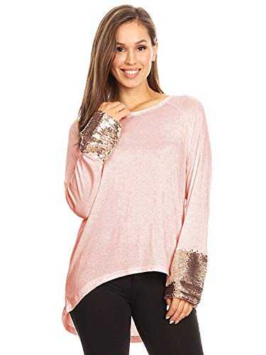 Anna-Kaci Women's Long Sleeve Embellished Sparkle Sequin Cuff Tunic Tops