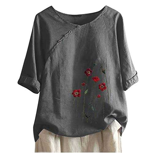 WILLBEST Women's Linen Round Neck 3/4 Sleeves Solid Color Casual Loose Fit Tunic Top Oversized Trendy T-Shirts Summer Holiday Blouse Tops