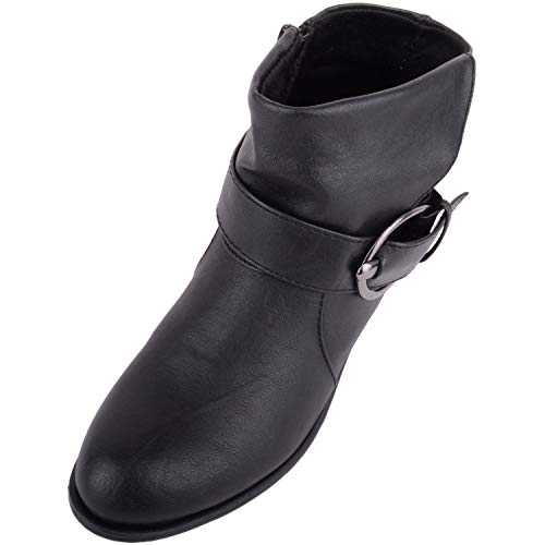 Womens Slip On Faux Leather Ankle Boot Shoe with Buckle Feature