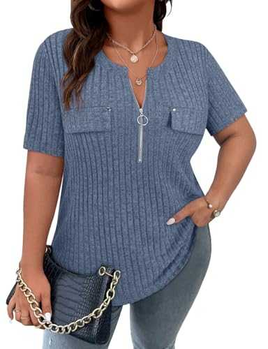 Plus Size Tops for Women Zipper V Neck Short Sleeve Ladies Tops Ribbed Knit Tunic Blouses Solid Oversized T Shirts Spring Summer Clothing 1XL-5XL