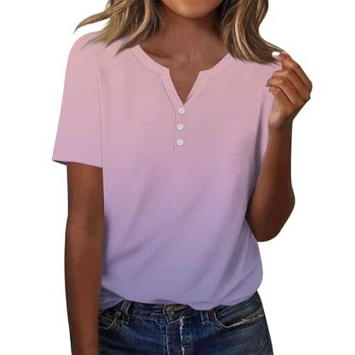Womens Tops 2025 Ladies Summer Short Sleeve T-Shirt Button V Neck Tunic Blouses Fashion Baggy Solid Color Shirts Casual Blouse