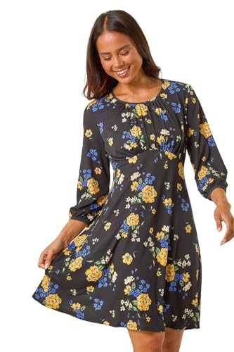 Roman Originals Women Gathered Chest Dress Ladies Stretchy Fit & Flare Swing Tea A Line Skater Knee Length Midi Smart Casual Work Round Neck Going Out Cocktail Party Gathered