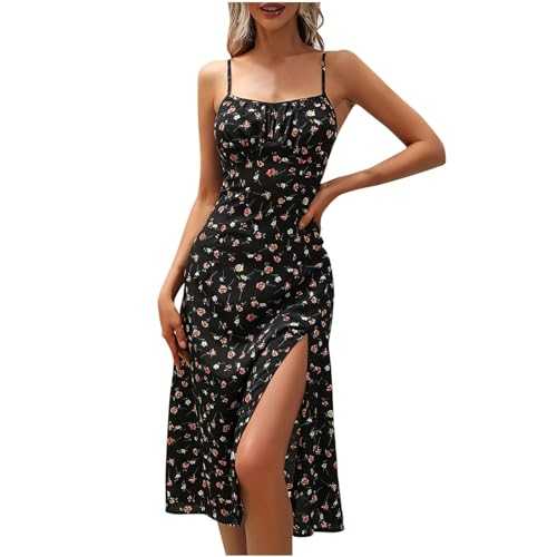 Women's Spaghetti Strap Sleeveless Slit Midi Dresses Floral Print Split Thigh Long Bodycon Dress Women's Summer Square Neck Casual Split Long Maxi Dress Tunic Dress Y2k Dress UK Clearance