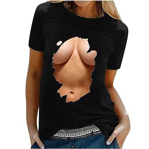 AMhomely Womens Sexy T Shirts Tops Short Sleeve Tunics Casual Shirts Loose Fit Tees Funny Graphic Novelty Ugly Shirts 3D Boob Print Blouse Halooween Costumes Christmas Jumpers