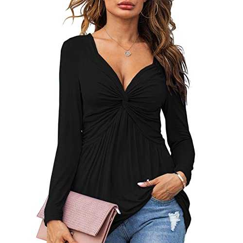 Women's Long Sleeve Tops Spring Women Fashion V-Neck Long Sleeve Solid Color Sexy Casual Tee Tops UK Size Elegant Shirts Blouses Tunic Tops Loose Baggy Shirt Clearance
