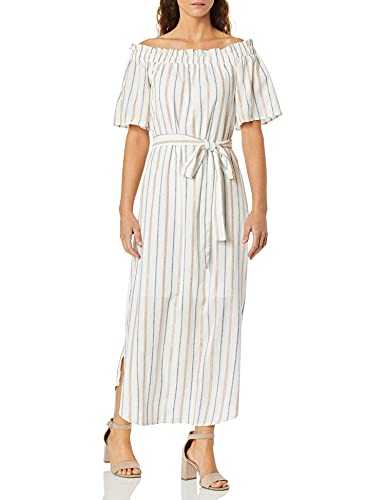 BCBGMAXAZRIA Women's Metallic Stripe Midi Dress, Gardenia Combo, Small