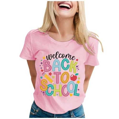 Fashion Women Back to School Print Round Neck T-Shirt Glitter Top Silver