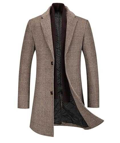 SOMTHRON Men's Wool Blend Trench Coat Plaid Slim Fit Notch Lapel Single Breasted Mid Long Peacoat Overcoat with Pockets