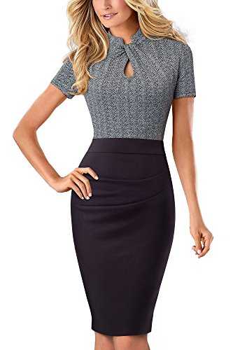 HOMEYEE Women's Vintage Stand Collar Short Sleeve Bodycon Business Pencil Dress B430
