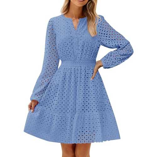 Womens Summer Dress Women's 2025 Long Sleeve Dress Fall V Neck Hollow Out Eyelet Embroidery Ruffle A Line Swing Short Dresses Boho Dresses for Women UK Beach Skirt