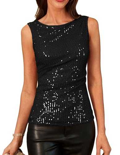 GRACE KARIN Women Crew Neck Sequin Tank Tops Slim Fit Ruched Party Vest for Going Out