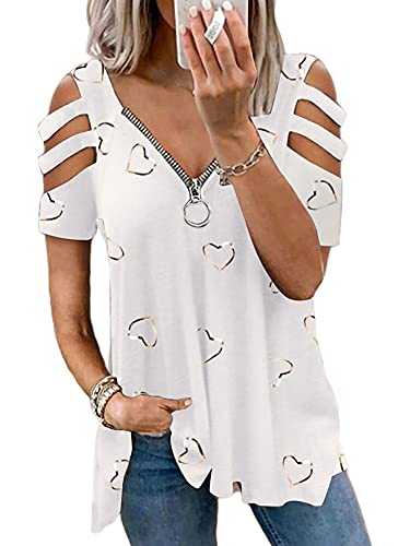 Women's Blue Tunic Short Sleeve Loose Zip V Neck Casual Cold-Shoulder Blouse Top with Cut Out Back, Long Length, Polyester, Club Collar, Size