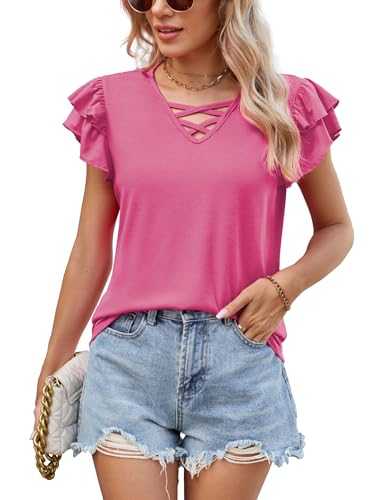 Famulily Womens Ruffle Short Sleeve Shirts Summer Tunic Blouse to Wear with Leggings Ladies V Neck Going Out Tops