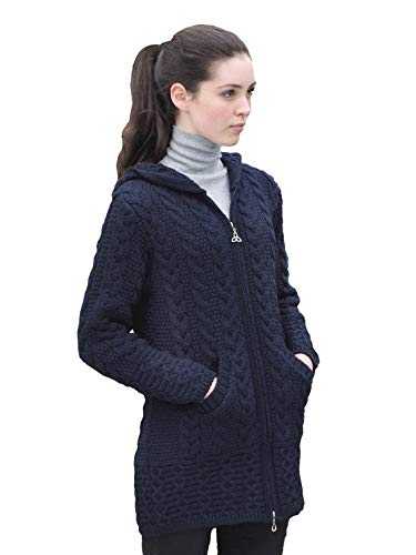 Women's Irish Cable Knitted Hooded Zip Coat (100% Merino Wool)