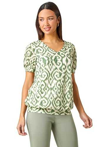 Roman Originals Blouson Top for Women Ladies Bubble Hem Stretchy Jersey Puff Sleeve Summer Smart Casual Office Work Spring Everyday Evening Vacation Work Holiday V Neck