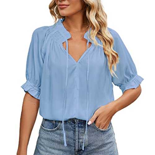 Womens Tops Chiffon Ladies Blouses Fashion Lace Up V-Neck Puff Half Sleeve T-Shirts Loose Fit Solid Color Casual Shirt Comfy Tees Going Out Pullover