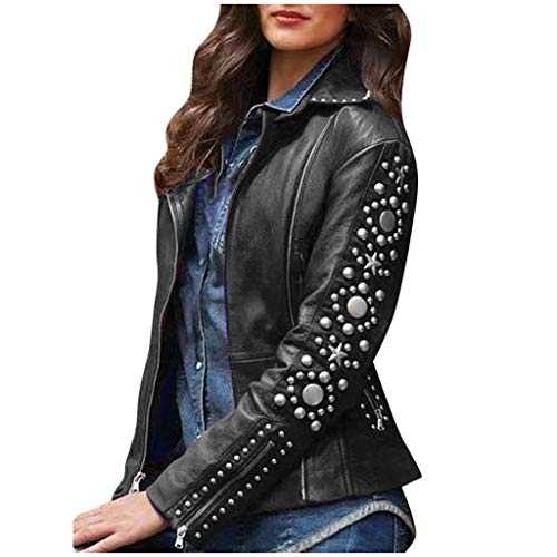 Women Faux Leather Jacket Zip Up Borg Neck Studs Motorbike Jacket Ladies Solid Colour Warm Windproof Biker Coat Plus Size SIGOYI
