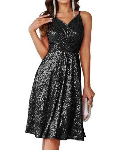 GRACE KARIN Women Sequined Spaghetti Dress V-Neck A-line Swing Sparkly Festival Party Dinner Dress