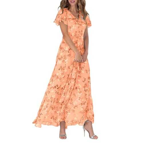 Women's Chiffon Floral Maxi Dress - Summer Elegant Boho Long Flowy Dresses Ruffle Sleeves V Neck Vacation Beach Outfit Wedding Guest Engagement Cocktail Party