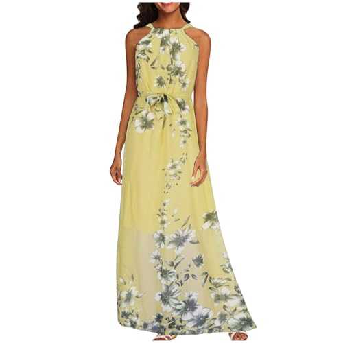 Halter Neck Dresses for Women UK Floral Print Bohemian Maxi Dress Plus Size Summer Sleeveless Sundress Ladies Boho Casual Swing Beach Cover Up Chiffon Holiday Work Party Long Dresses
