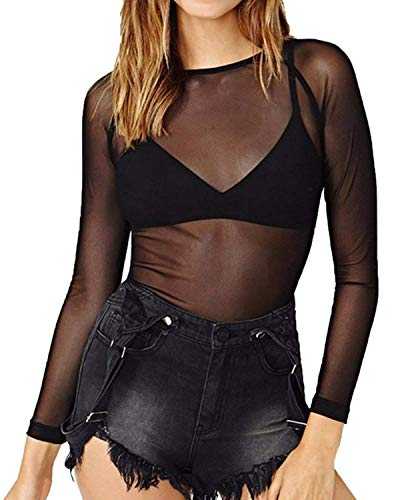 GirlzWalk ® Women Mesh Sheer Long Sleeve Black Top Ladies Sexy Club wear Shirt Transparent Blouse