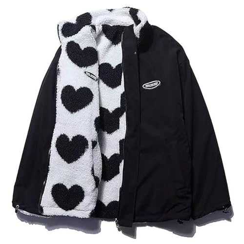 Women's Fleece Zip Up Jackets Reversible Kawaii Heart Print Zipper Coats Aesthetic Y2k Clothes Tops E-Girl Baggy Sweatshirt