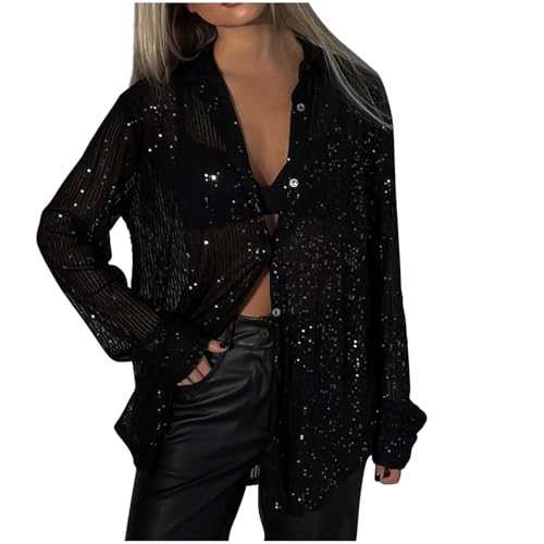 NSICBMNO Ladies Sparkly Tops Long Sleeve Tops Women Button Up Shirts Sequin Blouses V Neck Jumpers Evening Party Wear Tops Going Out Blouses Tunic Blouse Tops Glitter Shirts Club Tops Clearance