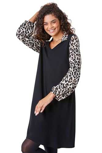 Roman Originals Contrast Animal Print Swing Dress for Women UK - Ladies Everyday Holiday Autumn Winter Pull-On V-Neck Long Sleeves Comfy Soft Vacation Work Leopard