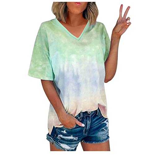 Lycurgius T Shirts for Women UK V Neck Short Sleeve T Shirts Tie Dye Casual Loose Basic Tee Blouse Going Out Longline Work Blouses Soft Breathe Tunic Summer Clothes for Ladies