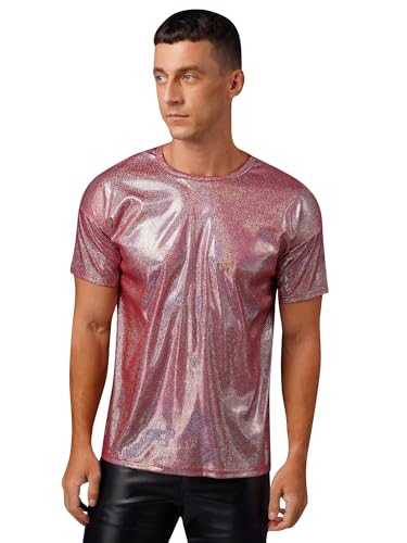 iiniim Men Sparkle Sequins Short Sleeve Slim Fit 70s Disco Hip Hop Shirt Party Costume