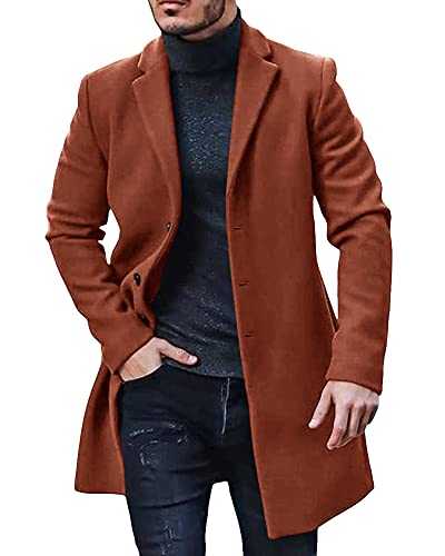 PASLTER Mens Trench Coat Slim Fit Notched Collar Fall Winter Single Breasted Pea Coat Warm Soft Overcoat