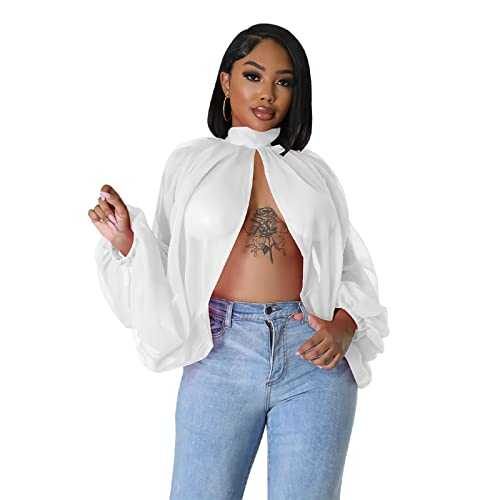 Women’s Sexy See Through Chiffon Sheer Lantern Sleeve Front Back Open High Neck Self Tie Shawl Casual Shirts Blouses Tops