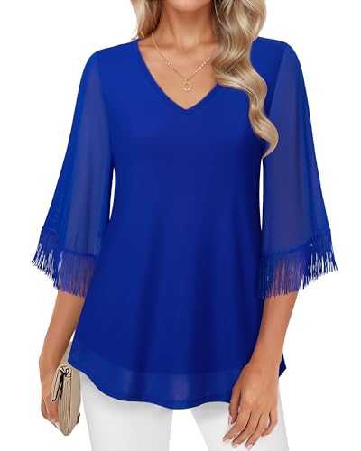 Lotusmile Womens Tops Dressy Casual Elegant Tassel 3/4 Sleeve Blouse Mesh Double Layers Fancy Shirts