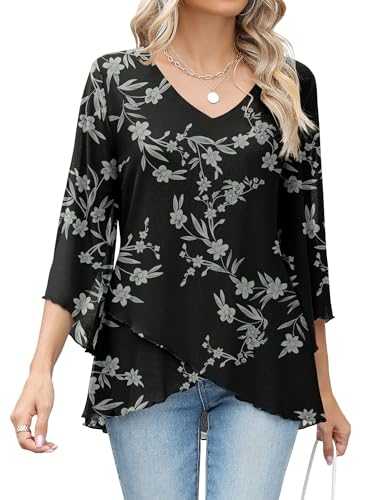 iWoo Ladies Tops 3/4 Sleeve Chiffon V Neck Dressy Tunic Loose Flowy Double Layers Mesh Shirts Blouse
