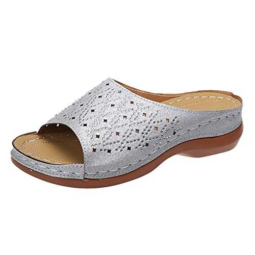 WILLBEST Womens Sandal Low Mid Wedge Heel Diamante Gem Stone Crossover Strappy Shoes Non Slip Yoga Mat Closed Toe Sandals Wedding Evening Sliders Sandal