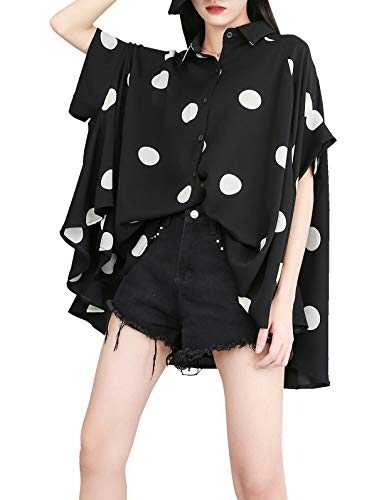 ellazhu Women's Summer Batwing Sleeve Oversized Button Down Blouse with Polka Dot Print Shirt Top GY1903