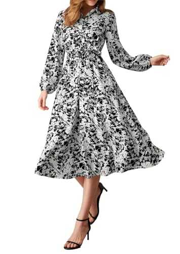 GRACE KARIN Women's Casual A Line Dress Shirt Collar Autumn Long Sleeve Dress Midi High Waist Floral Dress with Belt