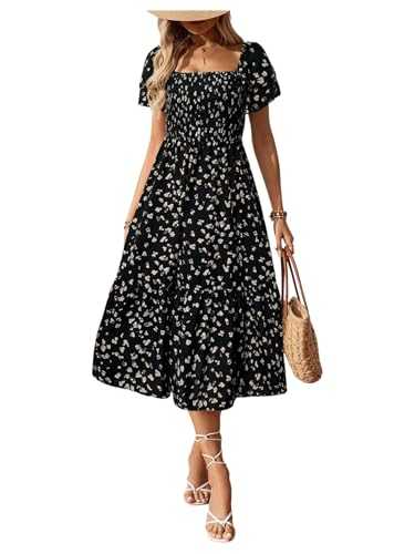GORGLITTER Women's Floral Square Neck A Line Midi Dress Ruffle Short Sleeve Smocked Holiday Dresses