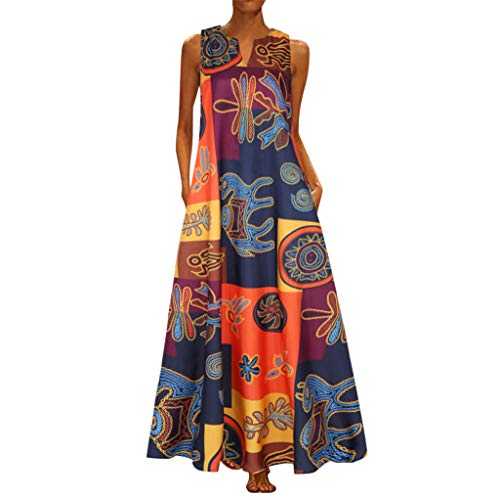 Skang Long Dresses for Women UK Women's Floral Camouflage Print Spring and Summer Loose Round Neck Suspender Sleeveless Vest Pocket Dress Baggy Dress
