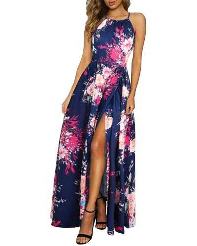 KILIG Maxi Dresses for Women UK Summer Dress Halter Neck Wedding Guest Elegant Long Dress Floral Beach Sundress