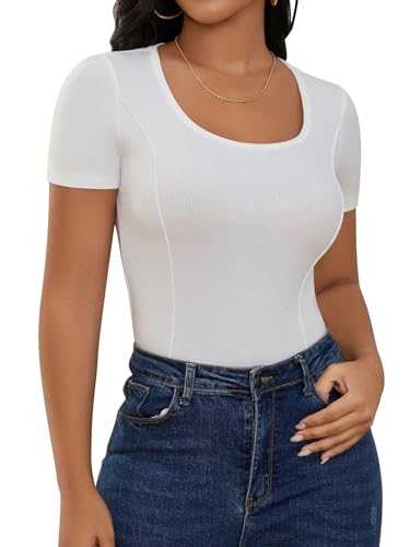 YATHON Womens Ribbed Knit Scoop Neck Basic Tops for Women Fitted Summer Short Sleeve Pleated Tshirt