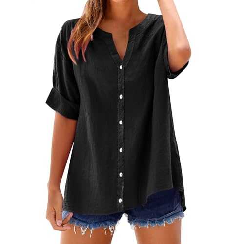 Womens Summer Shirts Loose Fit V Neck Button Down Shirt Solid Color Short Sleeve Tunic Blouse Dressy Casual Work Office Shirt Basic T-Shirts Trendy Linen Blouses Tops