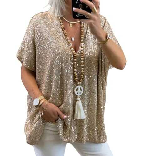 Women Sequin Tops Sparkly V Neck Blouse Short Sleeve Glitter Top Party Club Blouses Ladies Baggy Loose fit Shirts