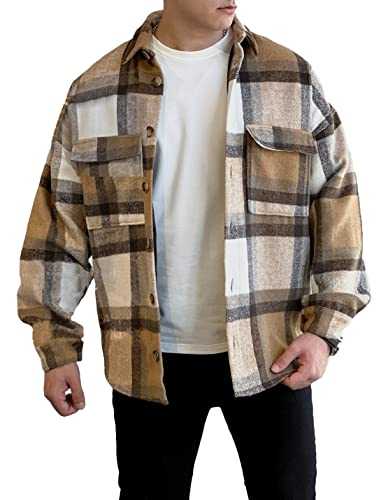 COWOKA Men's Casual Warm Plaid Wool Blend Jacket Fleece Relaxed Fit Button Up Long Sleeve Shacket Shirt Coat