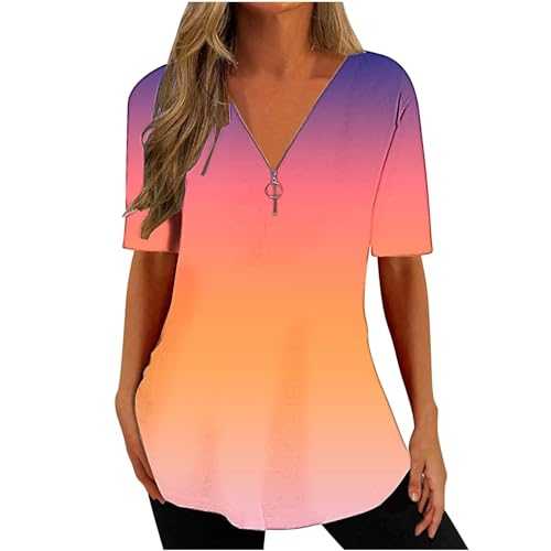 IUYTYSER Women V Neck Tops Streaks Patchwork Pattern Half Zipper Short Sleeve Ladies Summer Blouse Shirt Casual Loose Fit Simple Trendy Basic Classic Elegance Wrok Bussiness Tunic T Shirts
