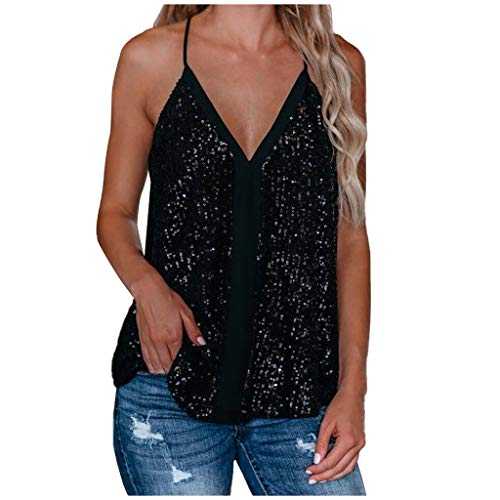 Glitter Tops Women's Spaghetti Straps Backless Top Sequins Sexy V-Neck Strappy Tops Festive Blouse Party Tunic Vest Casual Sleeveless Sparkly Tank Tops Basic Shirts