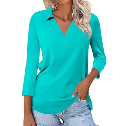 Women's 3/4 Sleeve Polo T Shirts 2024 Summer V Neck Golf Collared Shirts Solid Color Casual Basic Tees Tops Work Blouse